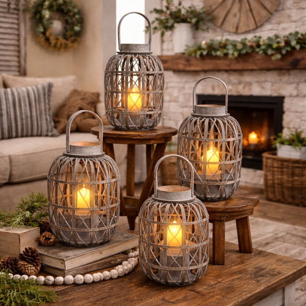 Rustic Farmhouse Decor (4-Pack) Large Wooden Lantern Woven Willow